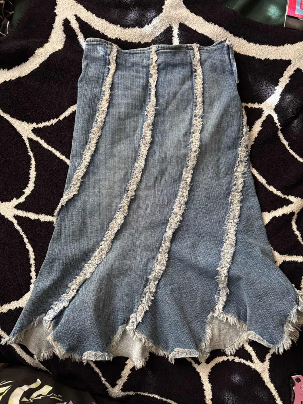 refuge Blue Denim Asymmetrical Fringe Midi Skirt